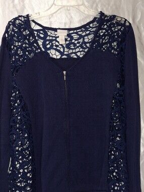 Chico's Navy Crochet Detail Zip Front Sweater Size 3, 48 Inch Bust